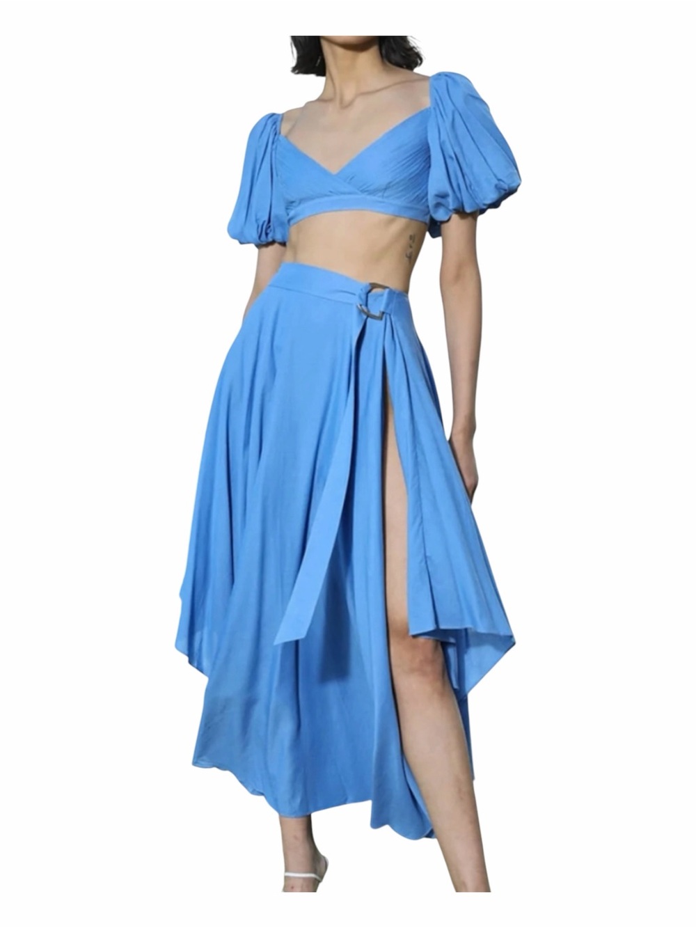 Sky Blue Puff-Sleeve Crop Top & High-Slit Wrap Skirt Set